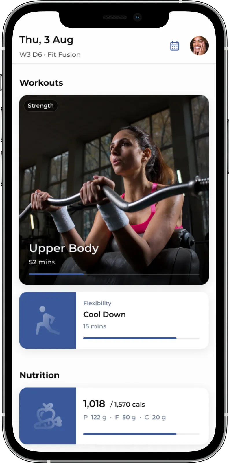 Mobile app screen showing a workout plan for Thu, 3 Aug with an upper body strength workout and a cool down flexibility session, plus nutrition intake details.