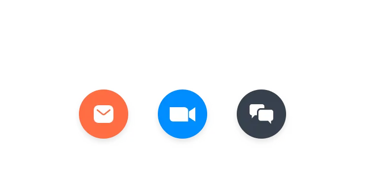 Three round communication icons: orange envelope for email, blue video camera for video call, and dark speech bubbles for chat.