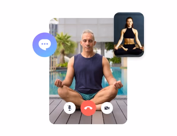 Man meditating by a pool during a video call with a woman also meditating.