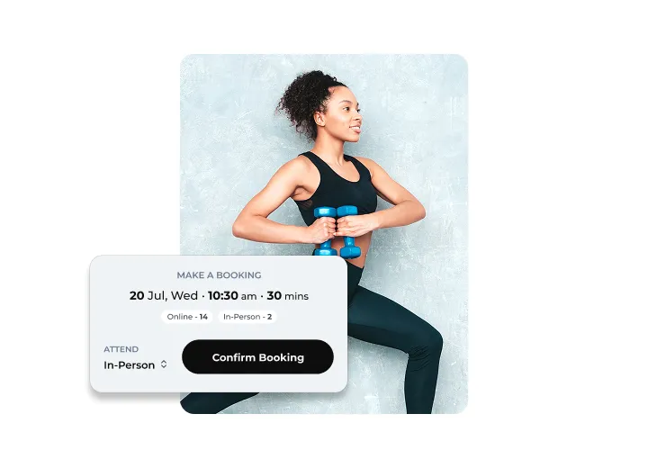 Woman in black workout clothes holding blue dumbbells, alongside gym class booking details for July 20, 10:30 am, 30 minutes, with options for online or in-person attendance.