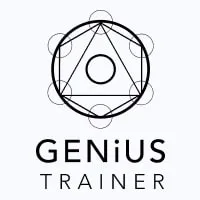 Logo for GENiUS TRAINER featuring a geometric design with overlapping circles and a triangle surrounding a central circle.