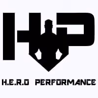 Black stylized logo with muscular figure silhouette between bold letters H and P, below it text reads H.E.R.O Performance.