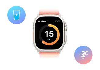 Smartwatch screen showing a workout timer at 15 seconds with icons for hydration and running exercises.