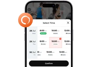 Mobile screen showing a class booking interface with selectable times and available slots for July 28, 29, and 30.