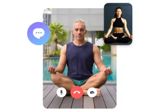 Man meditating by a pool during a video call with a woman also meditating in a yoga pose.