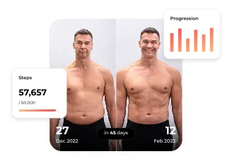 Before and after photos of a man showing fitness progress in 46 days, with step count at 57,657 and a progression bar chart.