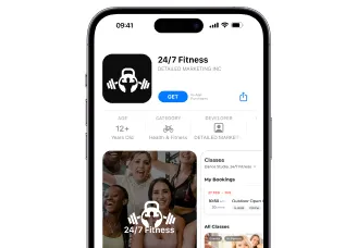 Mobile phone screen showing the 24/7 Fitness app page with app icon, age rating, category, developer info, and a preview of workout classes and bookings.