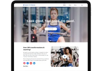 Website homepage of Max Fitness featuring a woman exercising on a rowing machine with the slogan 'Look good. Feel good. Do good.' and a section about over 50 transformations with a video thumbnail of a woman on gym equipment.