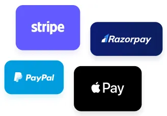 Payment method logos for Stripe, Razorpay, PayPal, and Apple Pay.