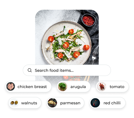 Plate of arugula salad with cherry tomatoes, sliced chicken breast, walnuts, and parmesan cheese, with a search bar and ingredient tags below.