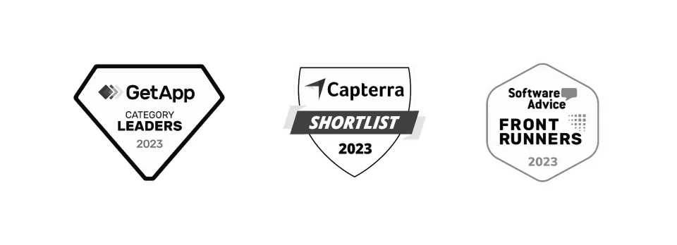 Three award badges from 2023: GetApp Category Leaders, Capterra Shortlist, and Software Advice Front Runners.