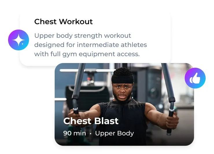 Man performing a chest workout on gym equipment labeled Chest Blast, 90 minutes, Upper Body.