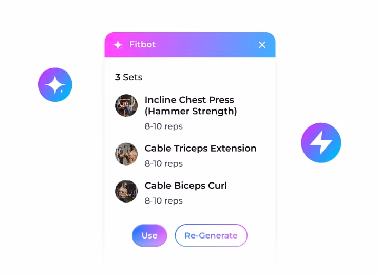 Fitbot workout app interface showing 3 sets of exercises: Incline Chest Press, Cable Triceps Extension, and Cable Biceps Curl, each with 8-10 reps, and buttons to Use or Re-Generate.