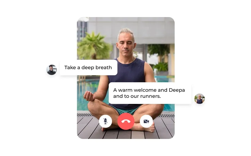 Man with gray hair in athletic clothes sitting cross-legged and meditating near a pool during a video call showing chat messages: 'Take a deep breath' and 'A warm welcome and Deepa and to our runners.'