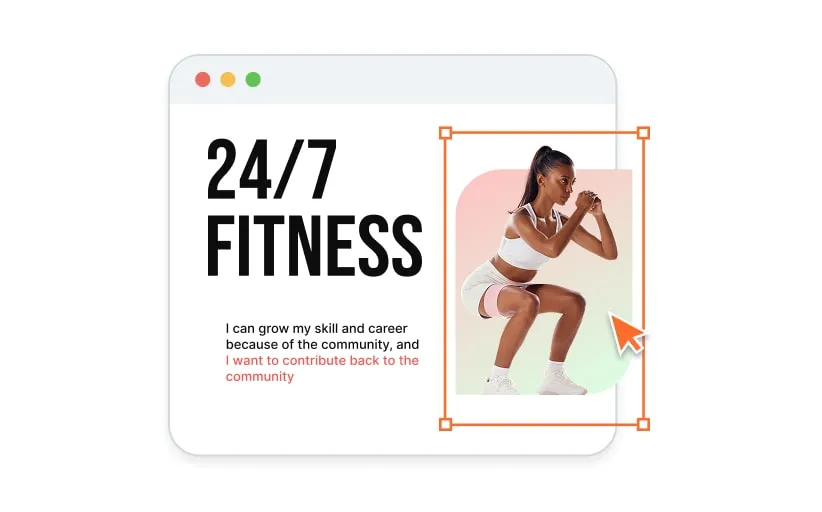 Website page showing '24/7 FITNESS' with text about growing skills and community, featuring a woman in white workout clothes doing a squat with a resistance band.