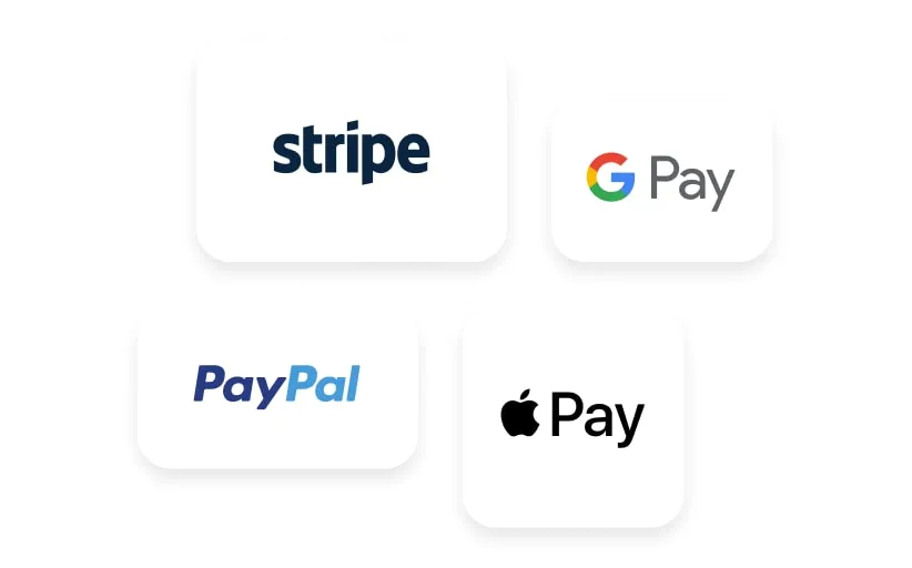 Logos of payment services: Stripe, Google Pay, PayPal, and Apple Pay on white rounded squares.