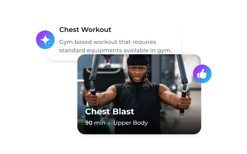 Athletic man performing chest press exercise on gym machine labeled Chest Blast, 90 min Upper Body workout.