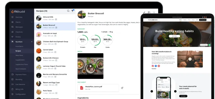 Digital dashboard on tablets showing Fitbudd nutrition recipes, including a Butter Broccoli recipe with nutrition summary, media images, and document attachments, alongside a healthy eating habits homepage with transformation stories and meal planning.