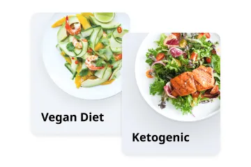 Two plates showing meal options for Vegan Diet with vegetables and shrimp, and Ketogenic with grilled salmon and salad.