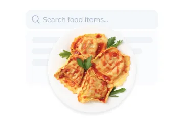 Plate with four pieces of ravioli pasta garnished with tomato sauce and parsley.