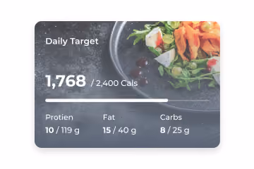 Digital display showing daily nutrition target with calories, protein, fat, and carbs alongside a plate of salad.
