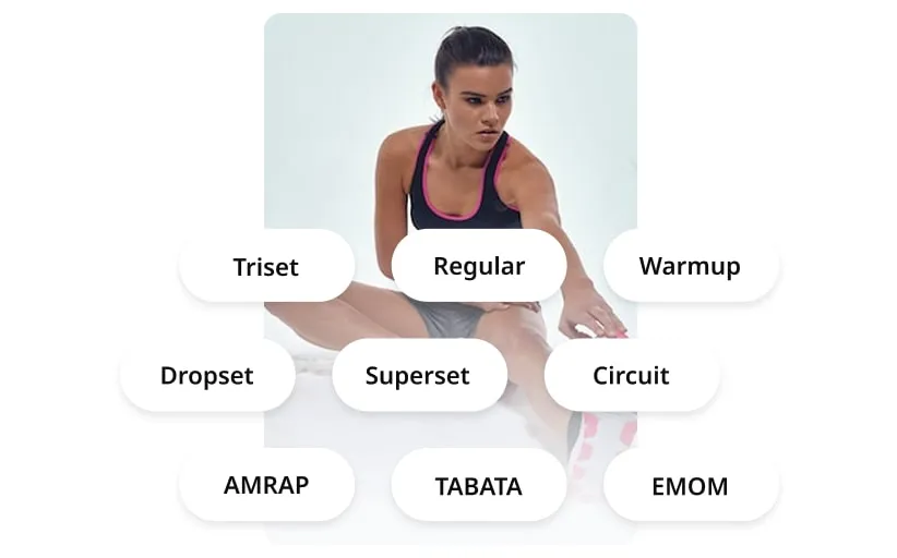 Woman in workout attire stretching legs on floor, surrounded by labeled white buttons with different workout types like Triset, Superset, Circuit, Tabata, and Warmup.
