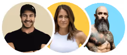 Three diverse people smiling: a man in a black shirt and cap, a woman in a white tank top, and a tattooed man with a beard against colored circular backgrounds.