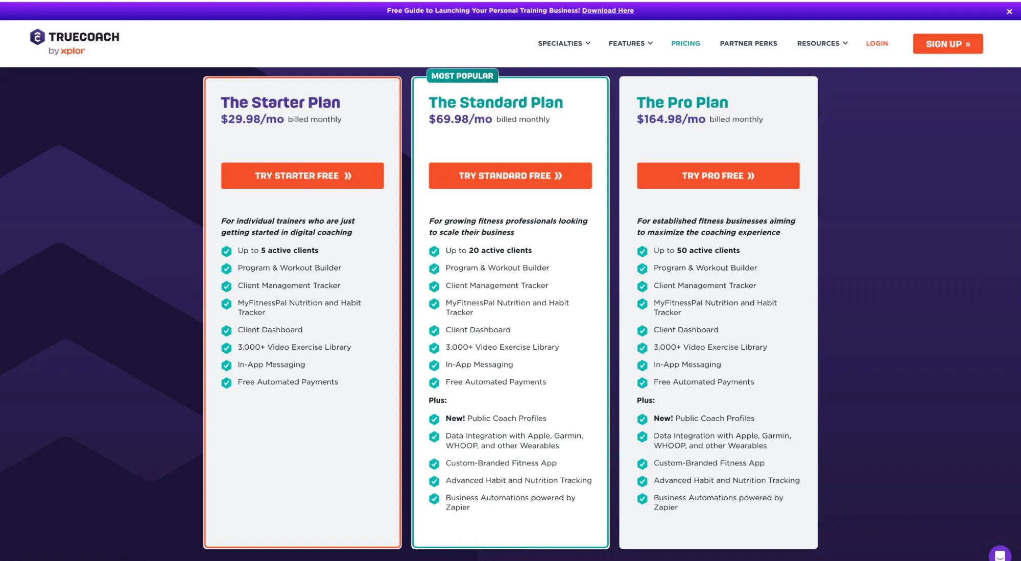 TrueCoach pricing plans showing Starter Plan at $29.98/mo for up to 5 clients, Standard Plan at $69.98/mo for up to 20 clients with extra features, and Pro Plan at $164.98/mo for up to 50 clients with advanced features.