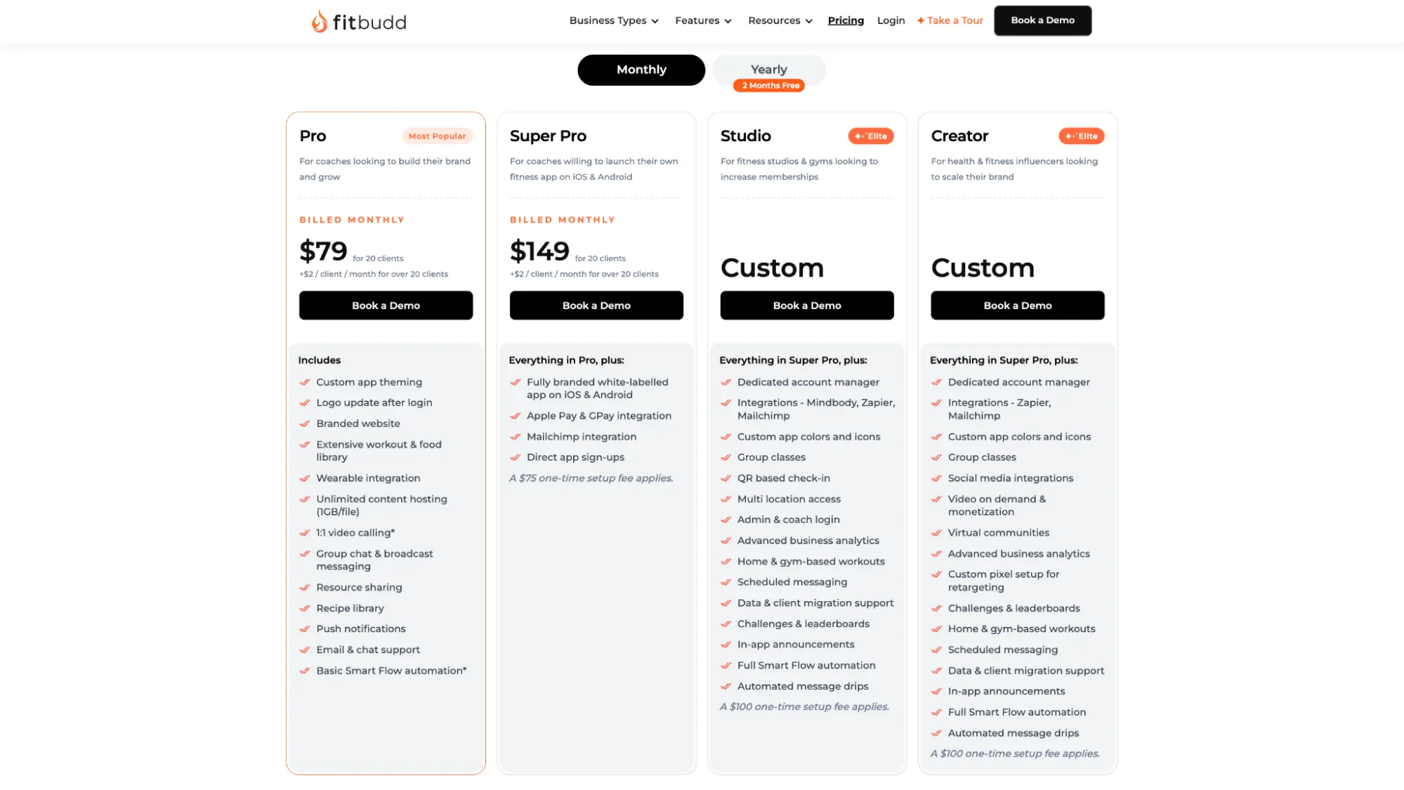Fitbudd pricing table showing four plans: Pro $79/month for 20 clients, Super Pro $149/month for 20 clients, Studio and Creator both custom pricing, with each plan listing features and additional setup fees.
