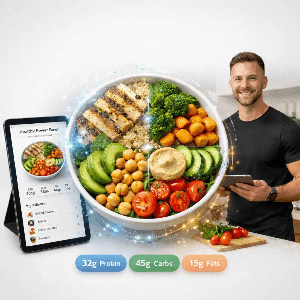 Man holding a tablet next to a nutrient-balanced healthy power bowl with grilled chicken, quinoa, chickpeas, avocado, cherry tomatoes, broccoli, sweet potatoes, cucumber, and hummus, alongside nutritional info on a tablet screen.