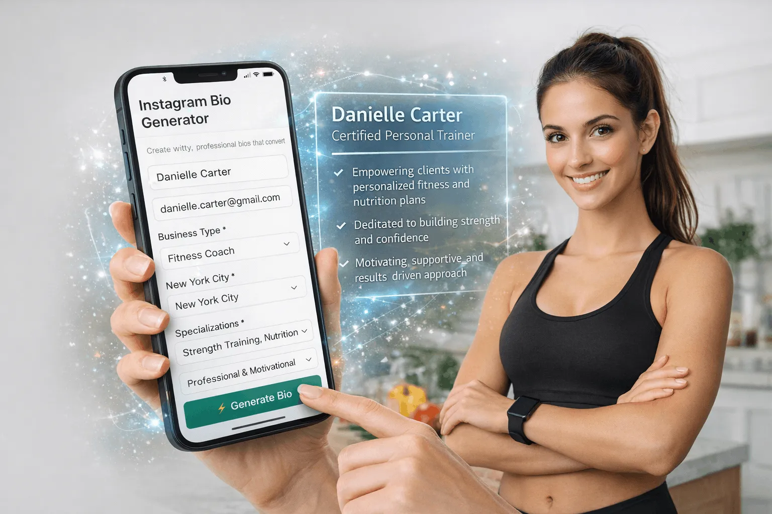 Smiling fitness coach standing with arms crossed next to a phone screen showing an Instagram Bio Generator app creating a professional bio for Danielle Carter, Certified Personal Trainer.