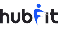 Hubfit logo with stylized blue figure integrated into the letter F.