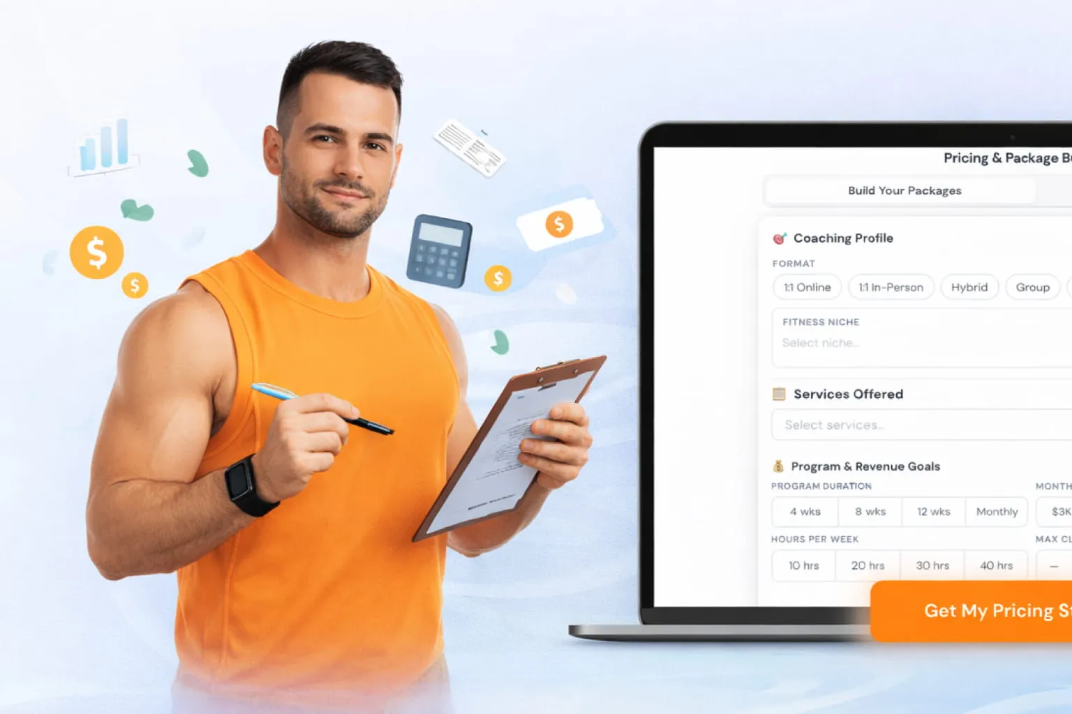 Man in orange tank top holding a clipboard and pen next to a laptop screen showing a coaching package pricing builder.