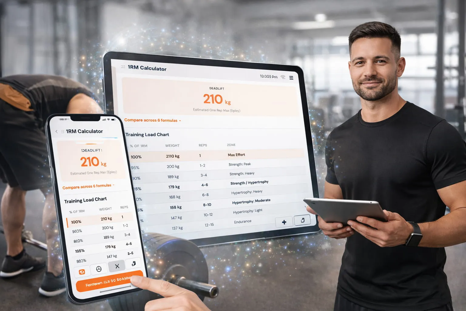 Man in black shirt holding a tablet next to digital screens showing a 1RM Calculator with deadlift estimated at 210 kg and a training load chart.