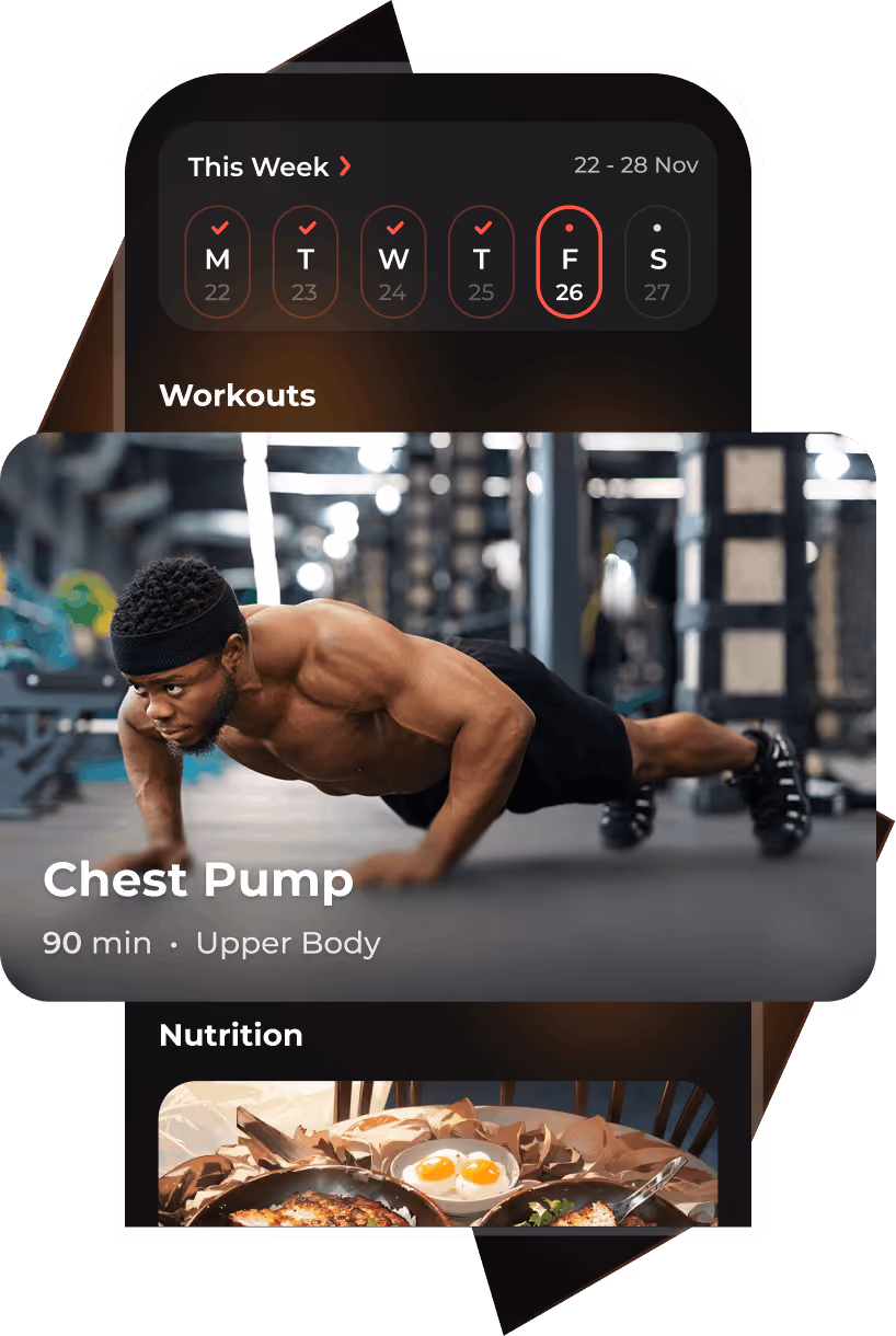Fitness app screen showing weekly workout schedule and a man doing push-ups for a 90-minute upper body chest pump workout on Friday.