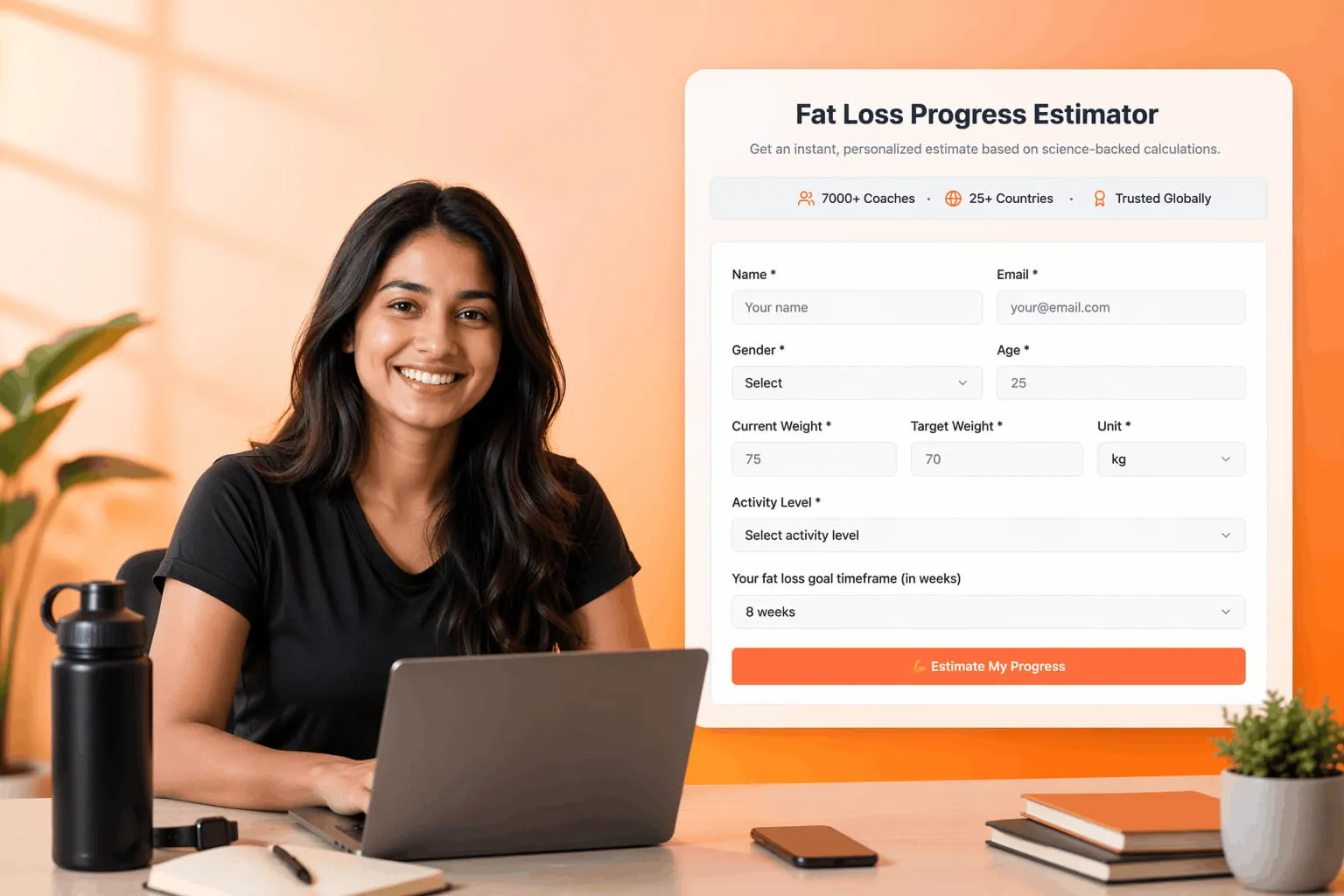 Smiling woman in black shirt sitting at a desk with a laptop, beside a fat loss progress estimator form on an orange background.