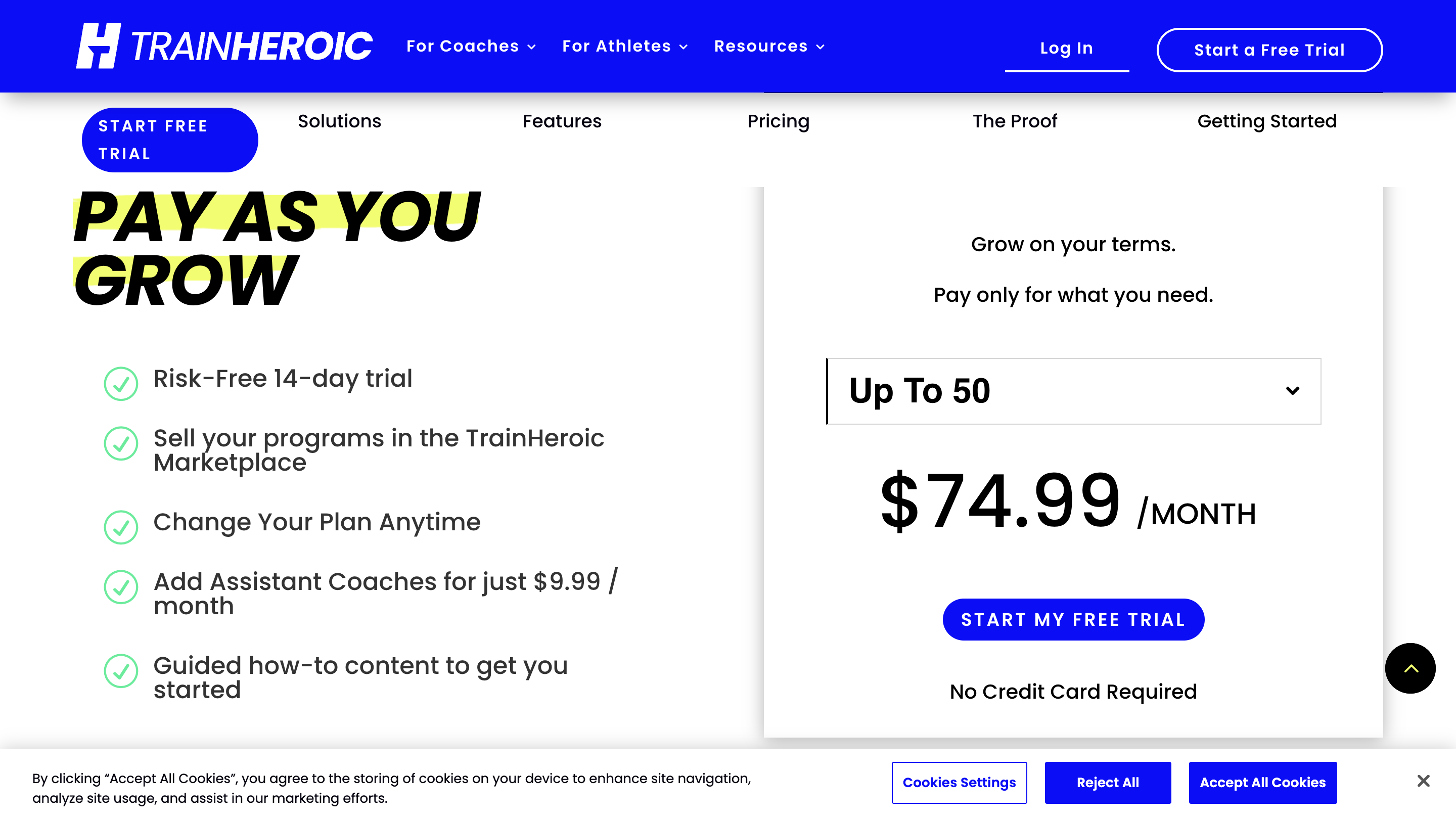 TrainHeroic pricing tiers from $9.99/month for one athlete up to $399.99 for 1,000