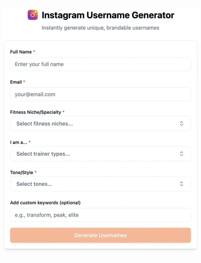 FitBudd Instagram Username Generator on tablet, with fields for fitness niche, trainer type and tone