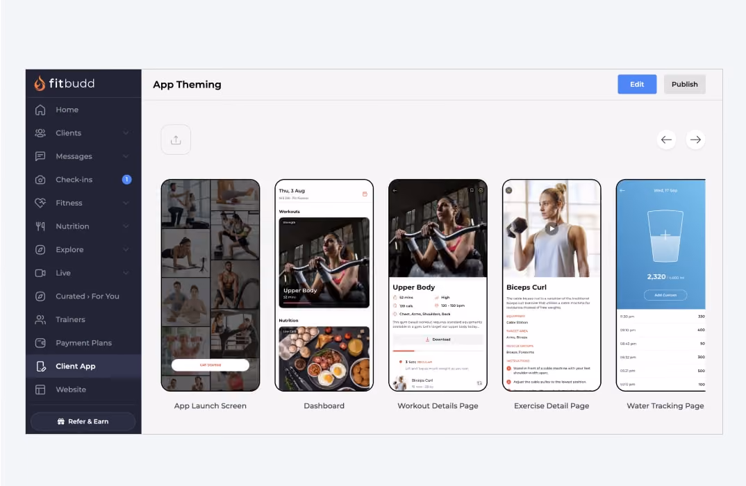 FitBudd dashboard showcasing app theming, workout plans, nutrition, and fitness tracking features.