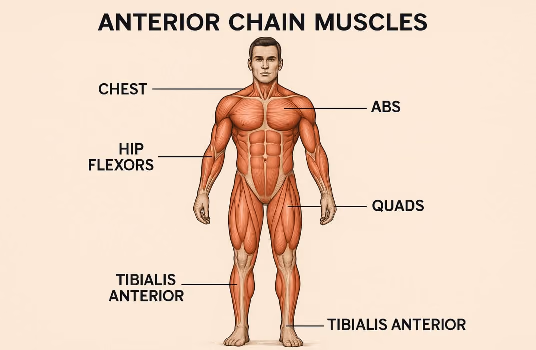 Illustration of anterior chain muscle groups including quadriceps and hip flexors