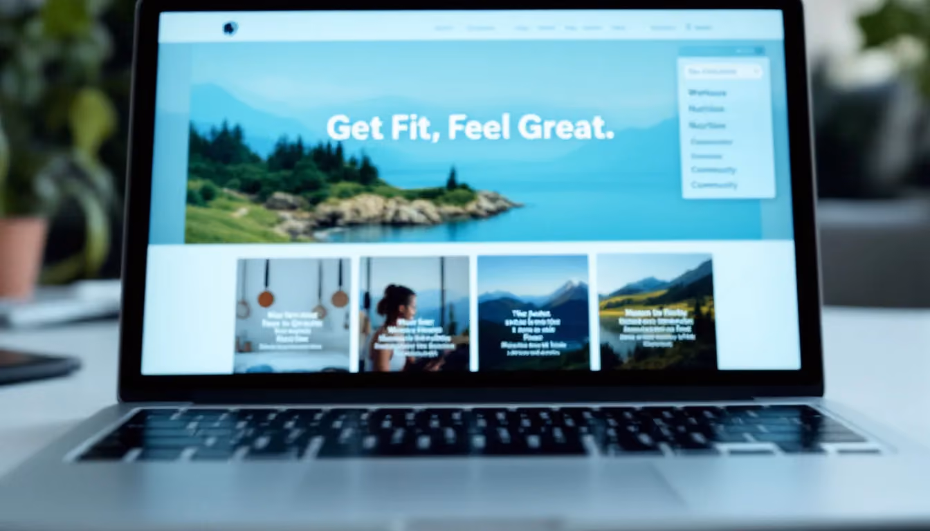 A laptop displays a fitness website featuring articles and videos on workout tips, nutrition advice & more.