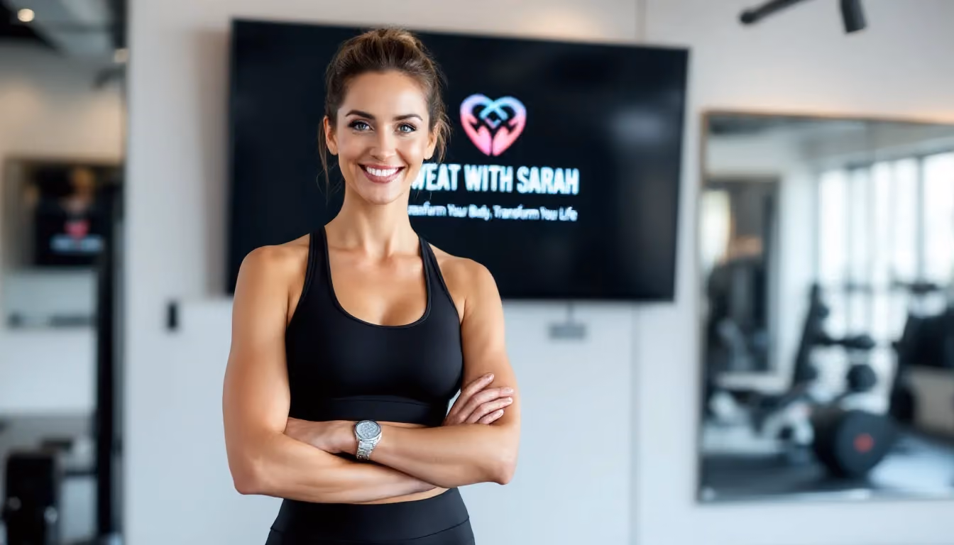 A personal trainer stands in a gym, showcasing their fitness website on a big screen.