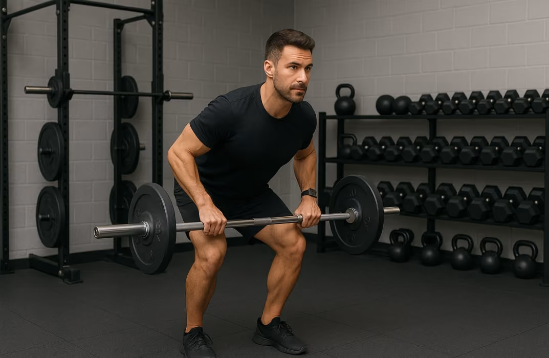 A personal trainer is demonstrating a workout in a gym, surrounded by various fitness equipment.