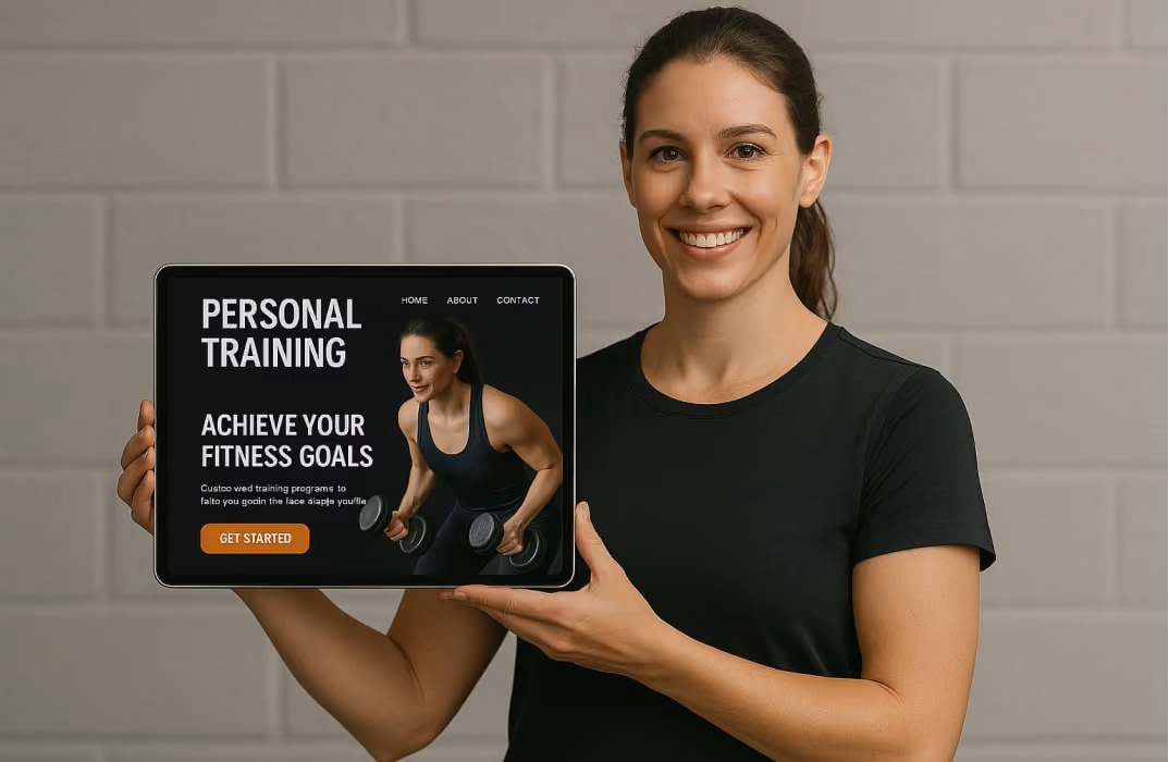 A female personal trainer showing her fitness website, showcasing her personal training business.