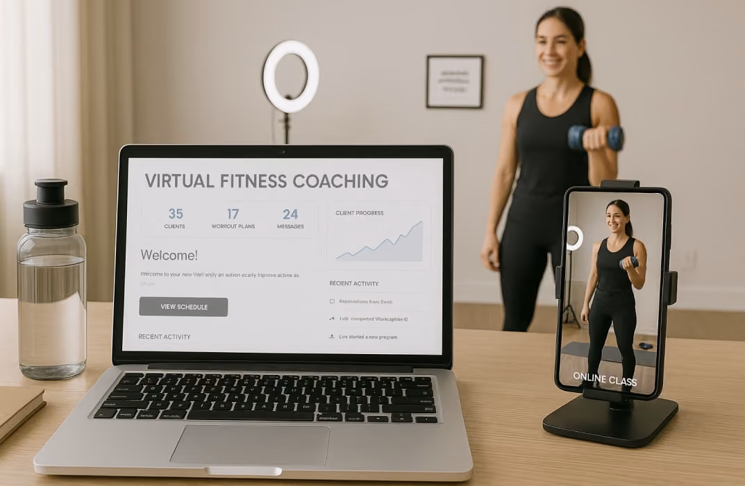 Certified personal trainer leads an online class from a small in-home studio, equipped with a ring light, yoga mat, and dumbbells.