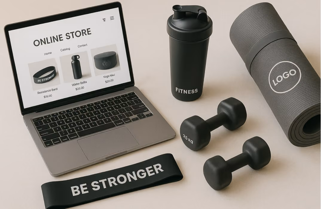 A laptop nearby displays an online store interface (like Shopify), hinting at the e-commerce side of a personal trainer’s business
