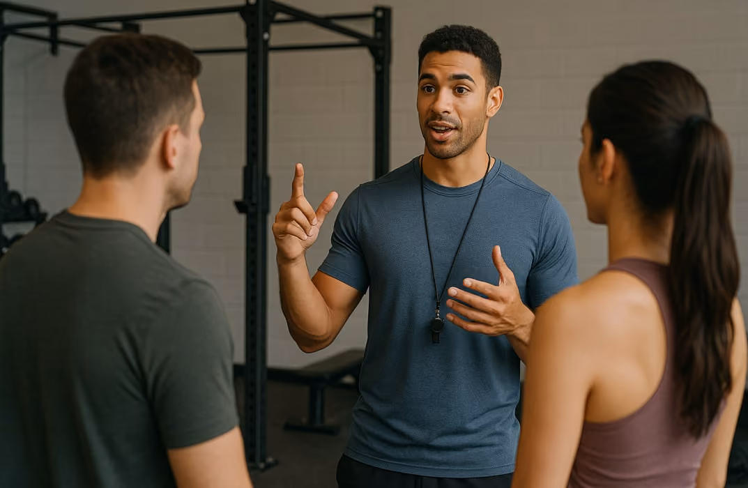 Personal trainer demonstrating unique value proposition to potential clients in modern gym