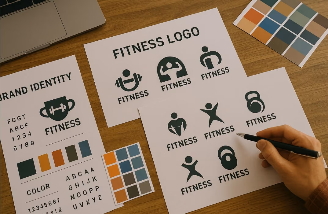 Fitness brand visual identity design elements including logos, colors, and typography on designer desk