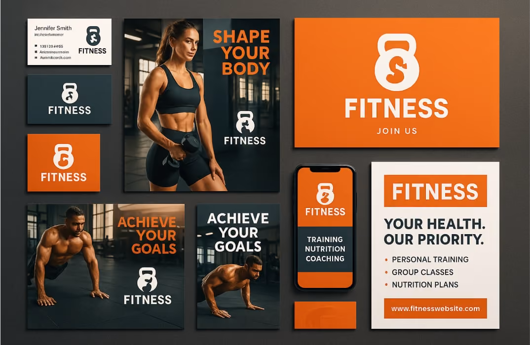 Cohesive fitness brand marketing materials showing consistent visual identity across multiple touchpoints