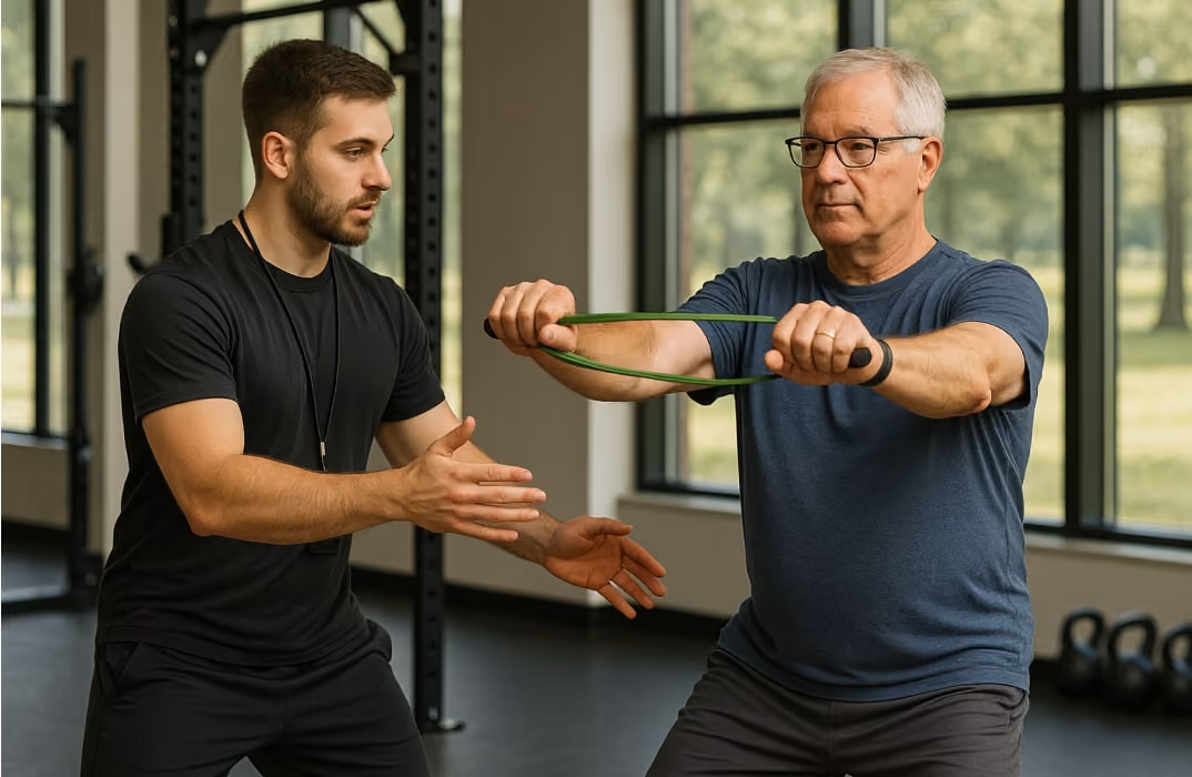 A trainer guiding an older adult through a functional strength training routine using resistance band.